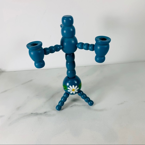 Primitive Blue Wood Candlestick Tole Painted